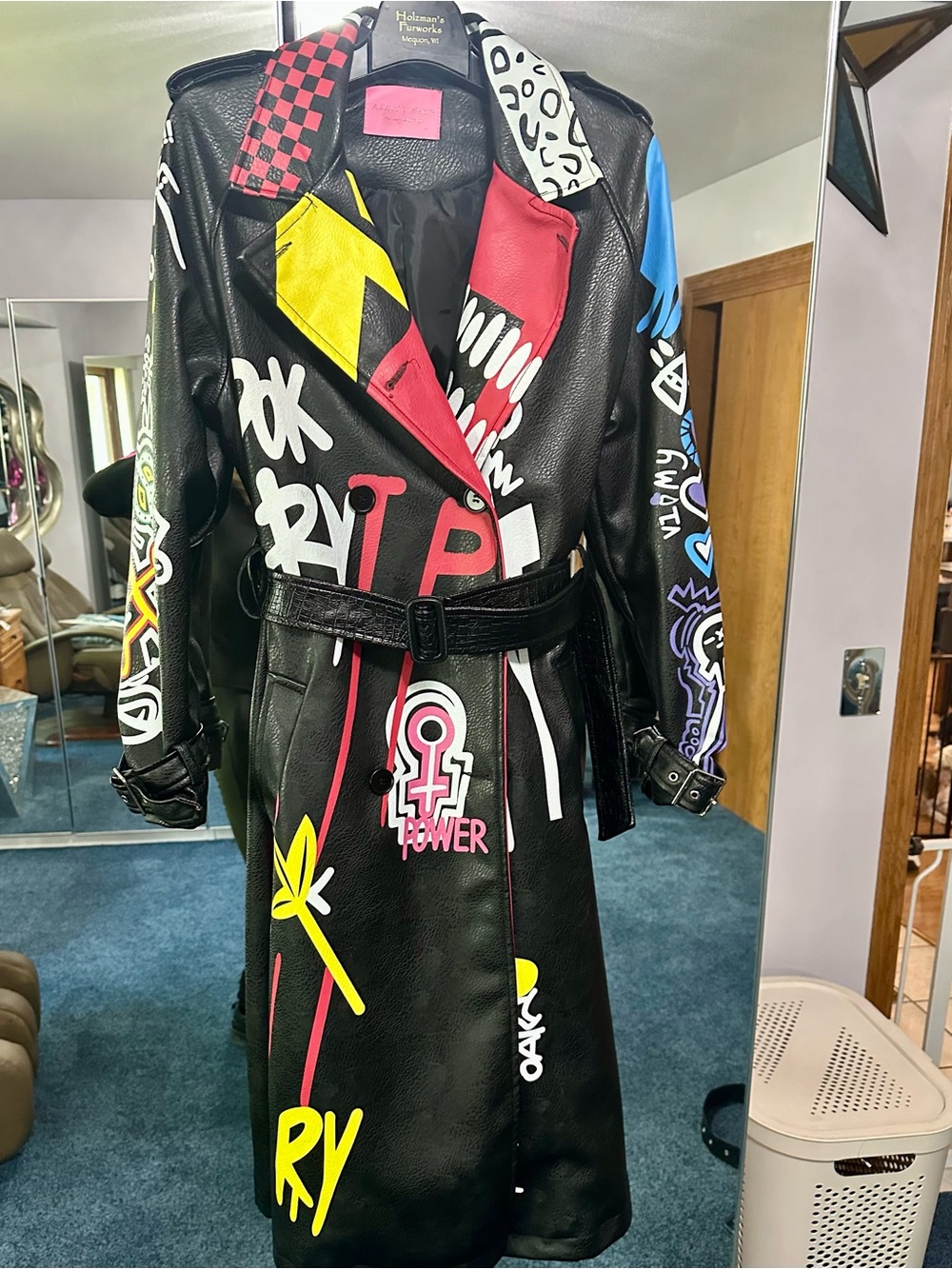 Graphic Faux Leather Trench Coat - Black with Multicolor Graffiti
